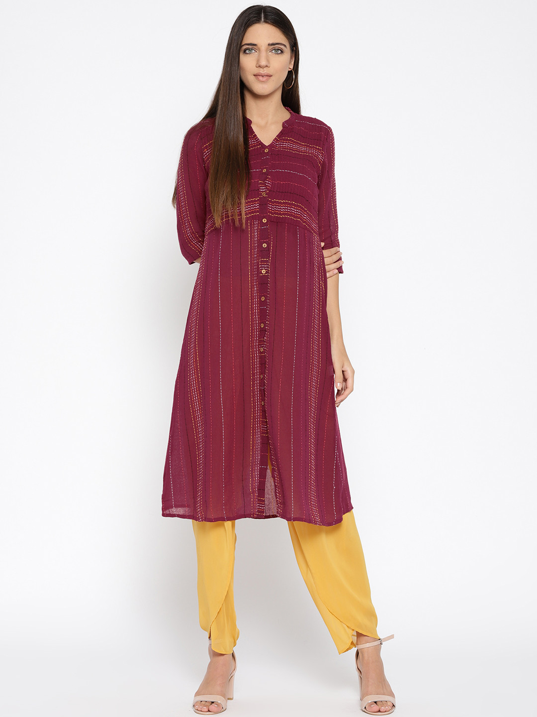 

AURELIA Women Maroon Striped A-Line Kurta