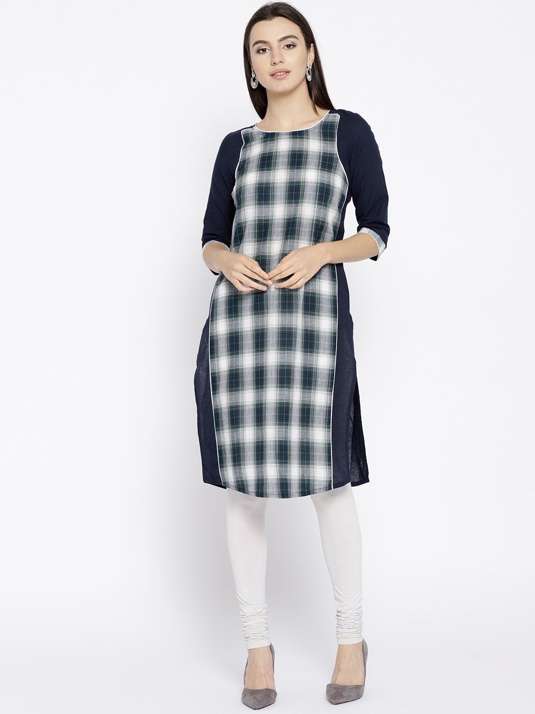 

AURELIA Women Navy Blue & White Checked Straight Kurta