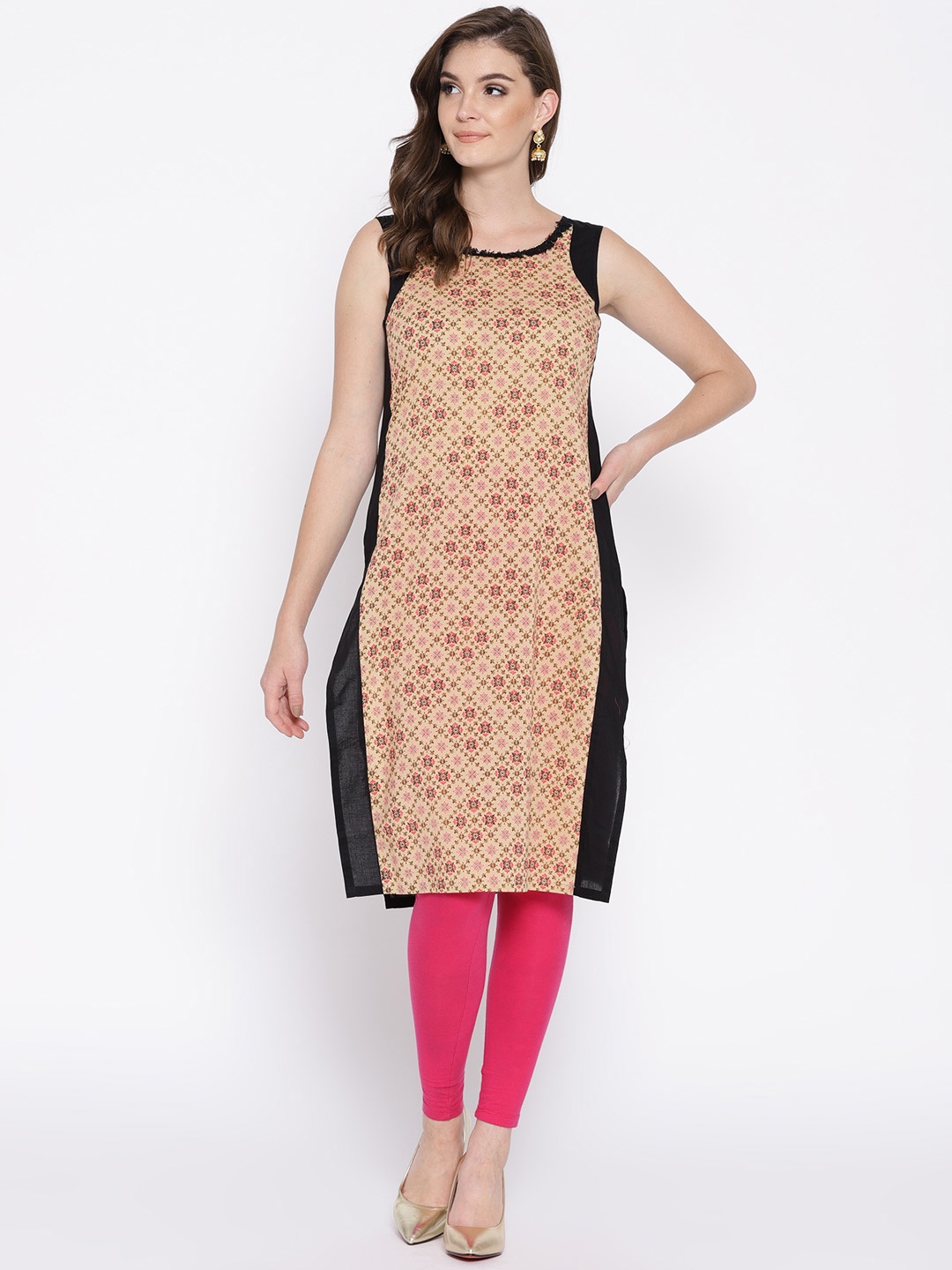 

AURELIA Women Beige & Black Printed Straight Kurta