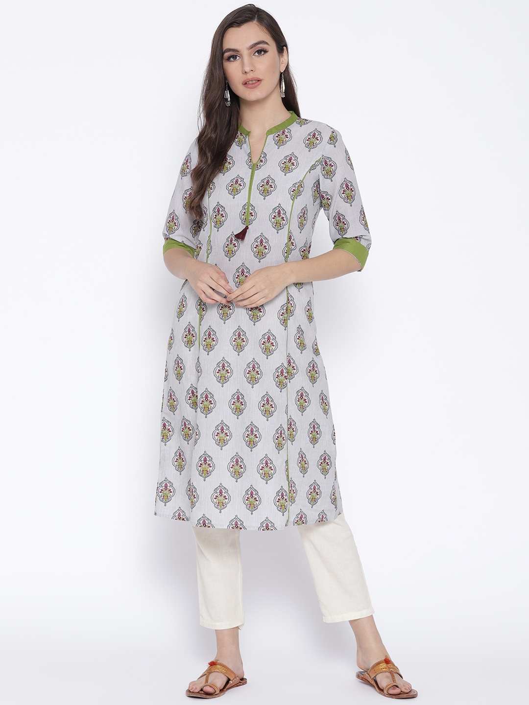 

AURELIA Women Grey & Green Printed A-Line Kurta