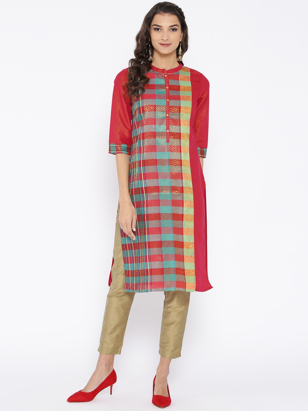 

AURELIA Women Pink & Green Checked Straight Kurta