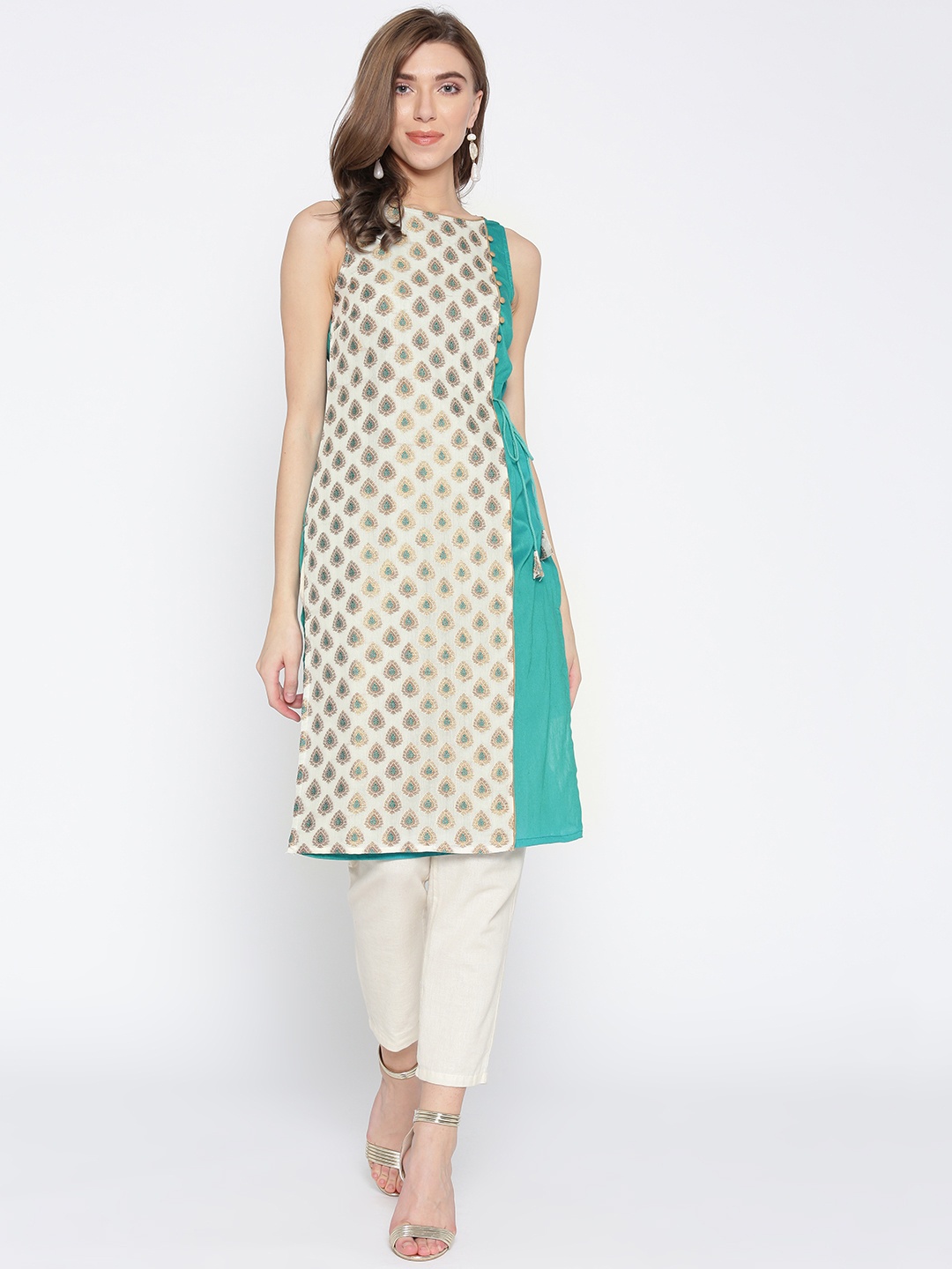 

AURELIA Women Off-White & Green Printed Layered Straight Kurta