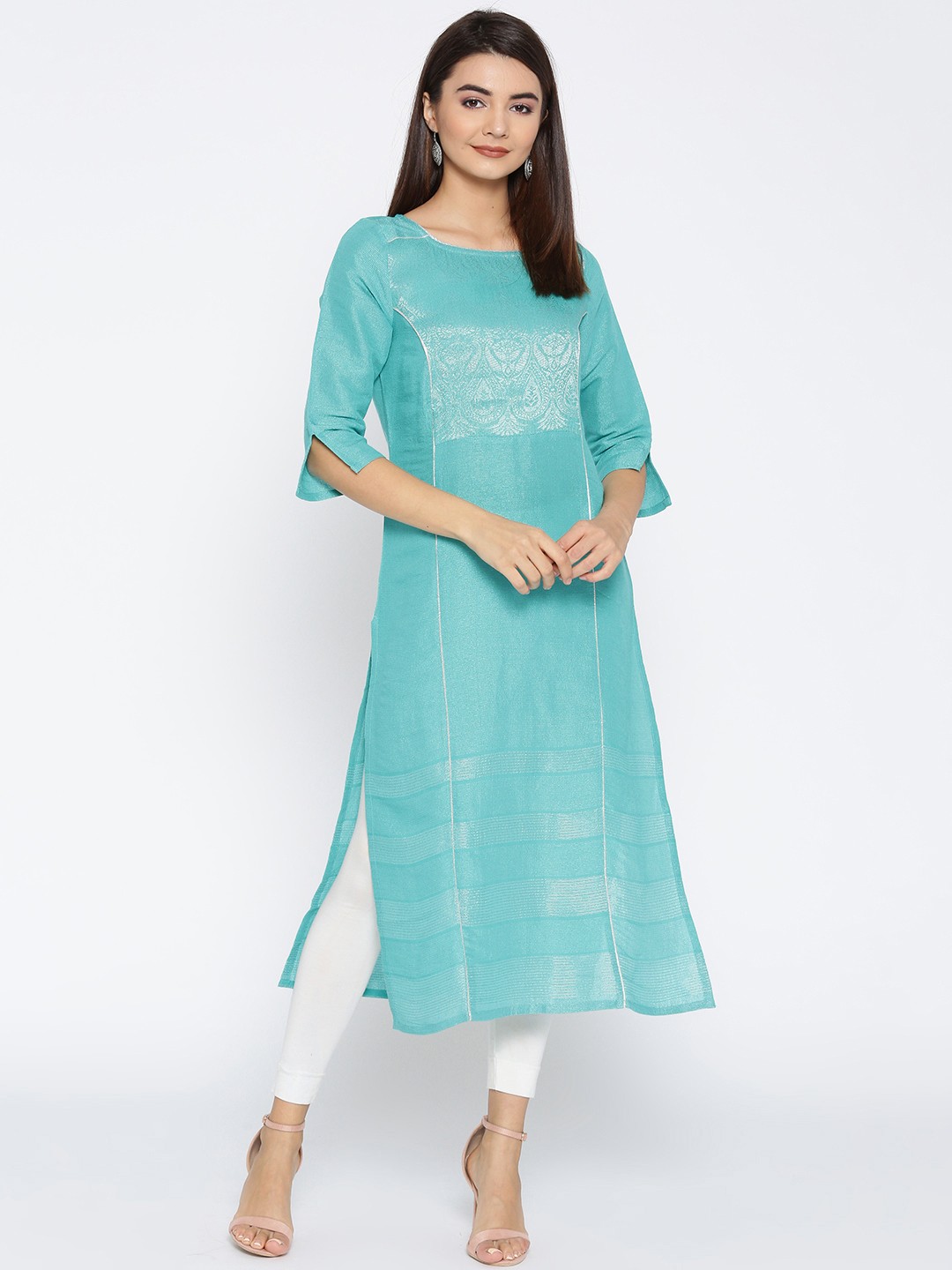 

AURELIA Women Turquoise Blue Woven Design Straight Kurta