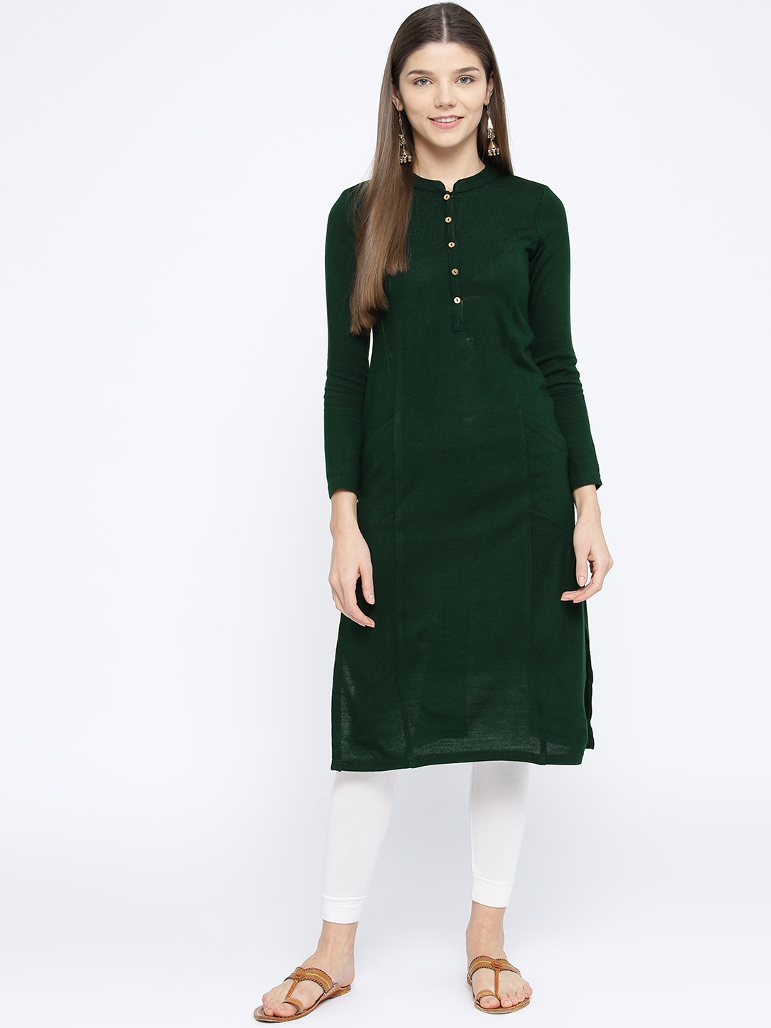 

AURELIA Women Green Solid Straight Winter Kurta