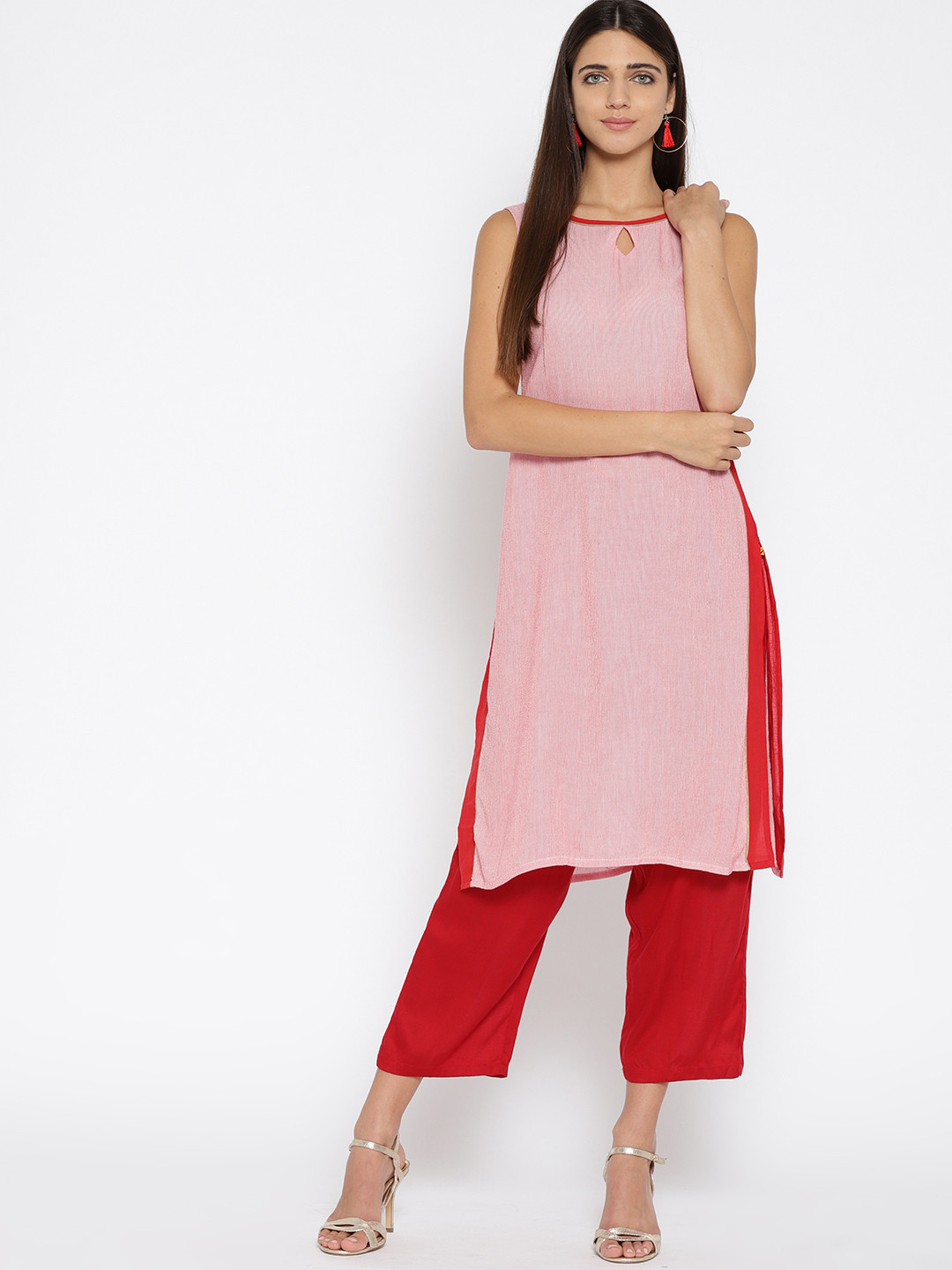 

AURELIA Women Red Striped Straight Kurta