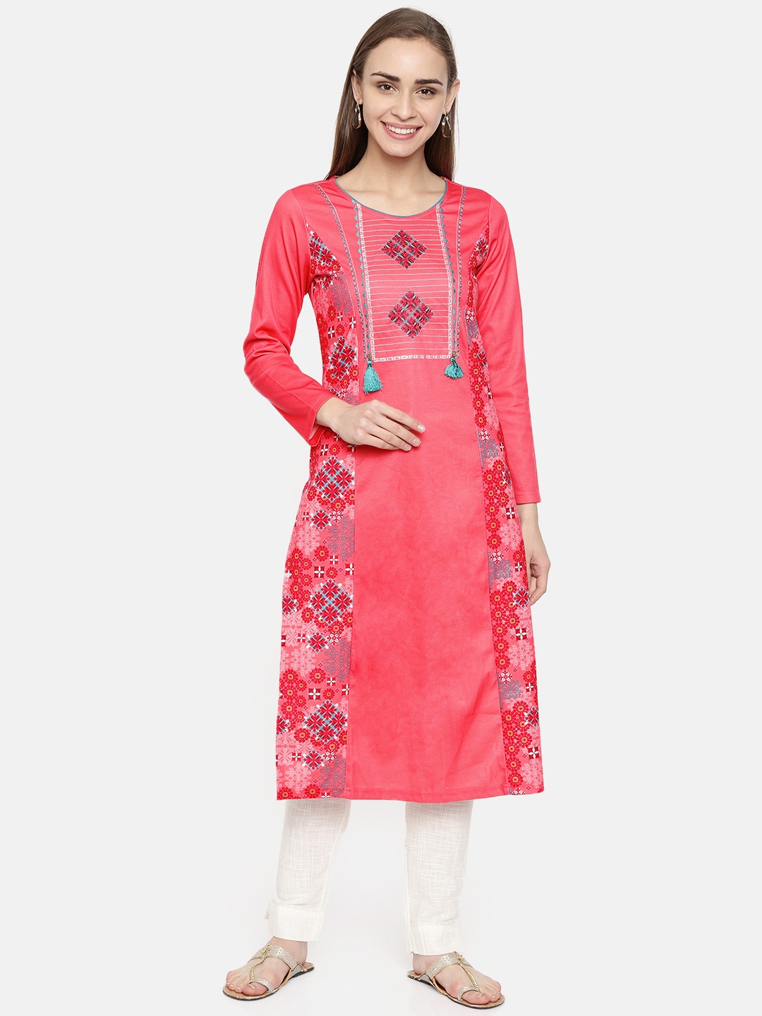 

AURELIA Women Pink & White Printed Straight Kurta