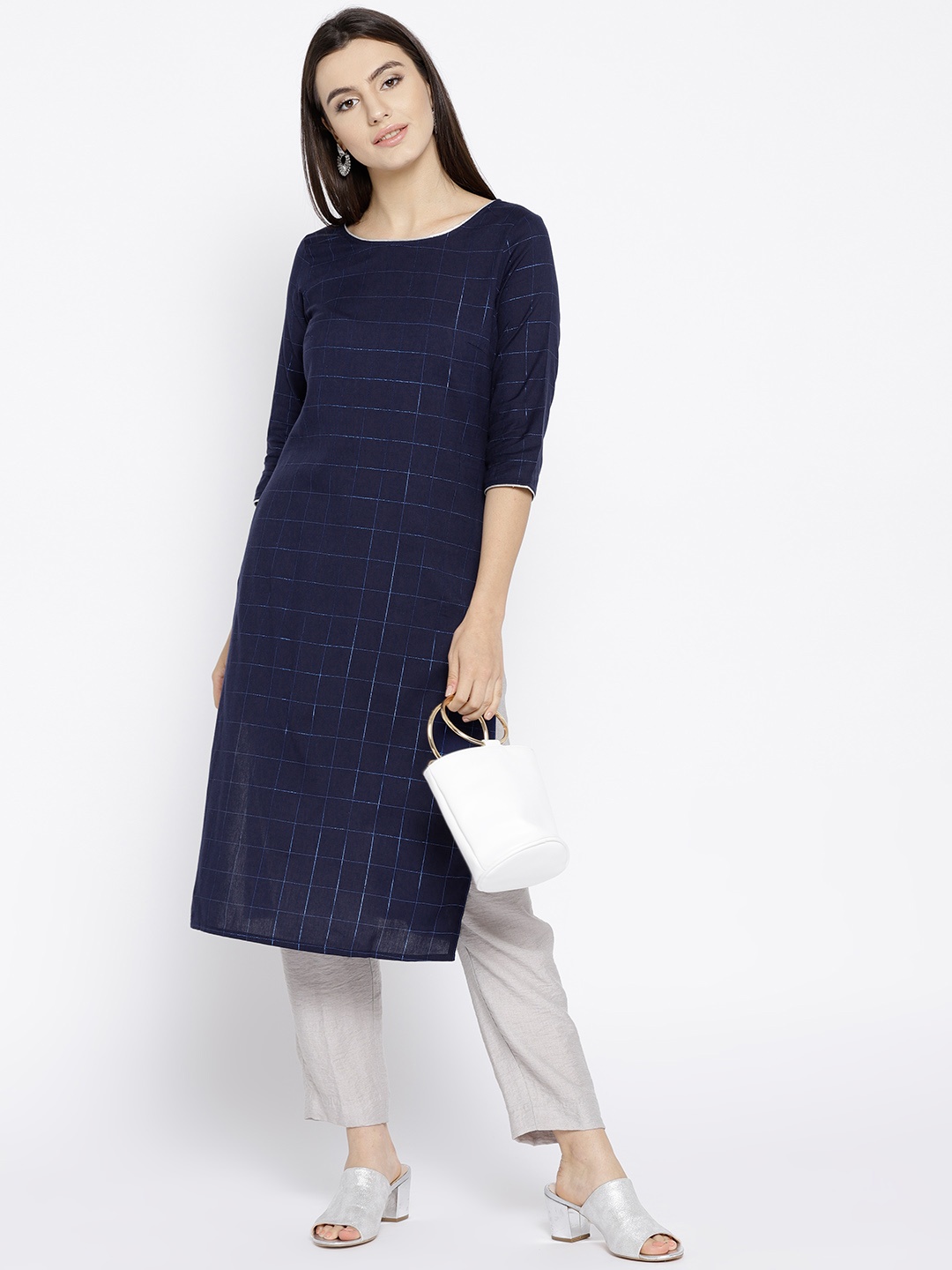 

AURELIA Women Navy Blue Checked Straight Kurta