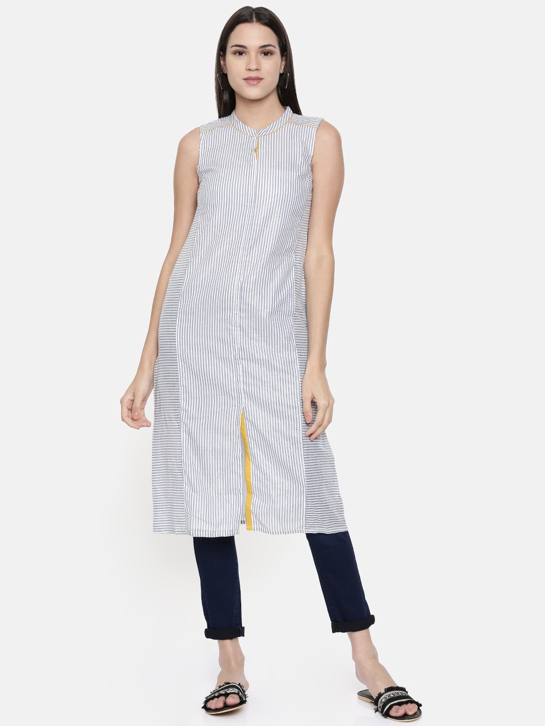 

AURELIA Women Blue & White Striped Straight Kurta