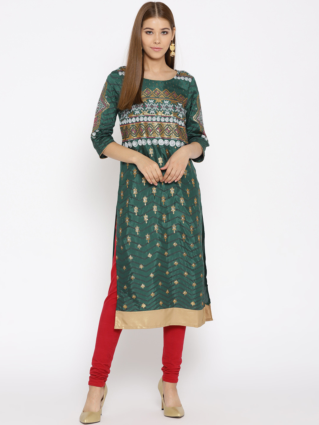 

AURELIA Women Green & Golden Embellished Straight Kurta