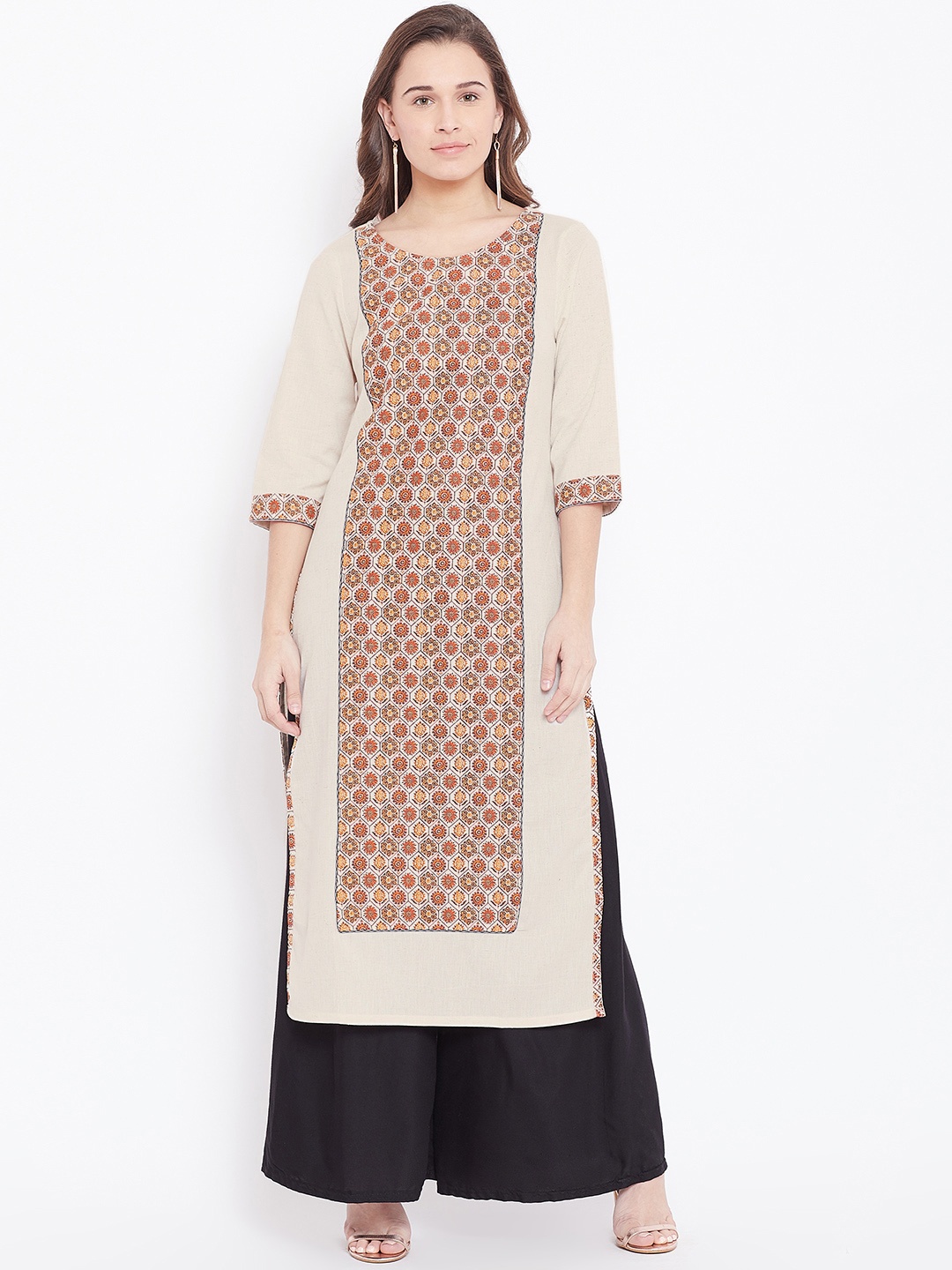 

AURELIA Women Off-White & Rust Orange Printed Straight Kurta