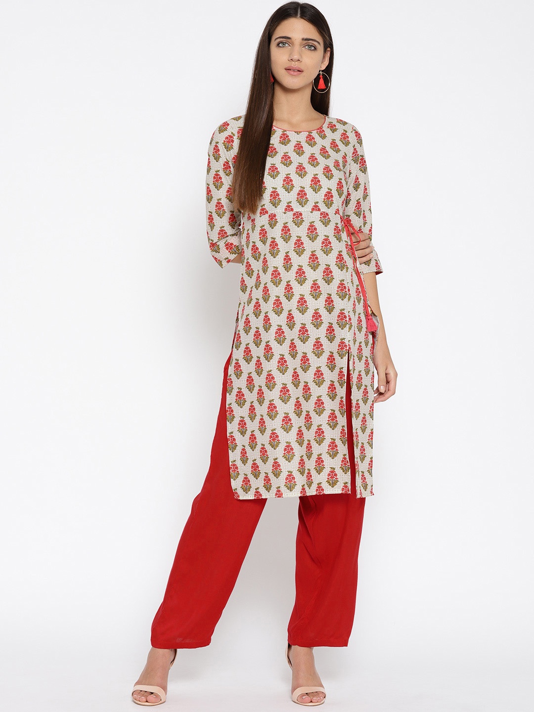 

AURELIA Women Cream-Coloured & Red Printed Straight Kurta