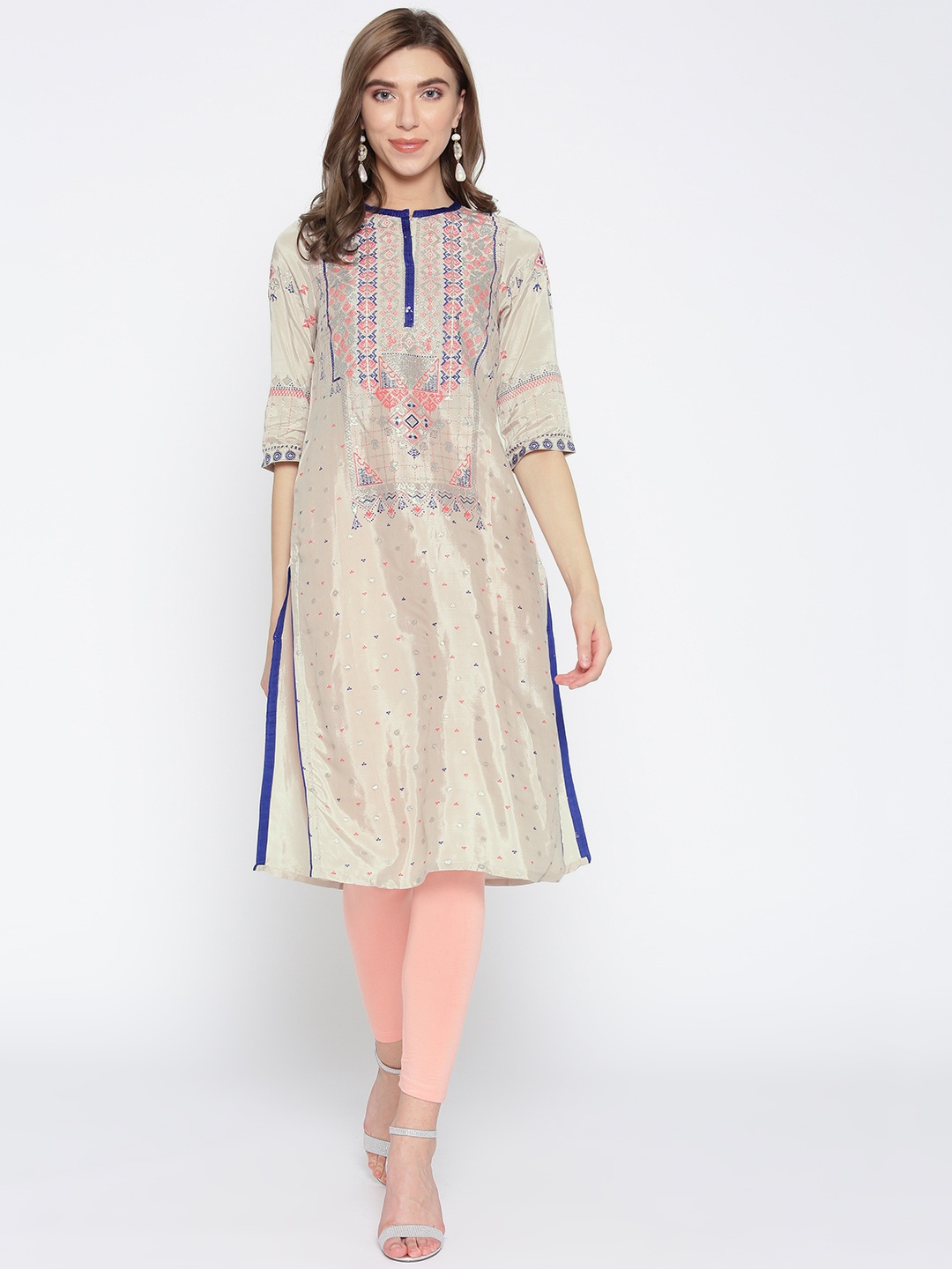 

AURELIA Women Grey & Pink Printed Straight Kurta