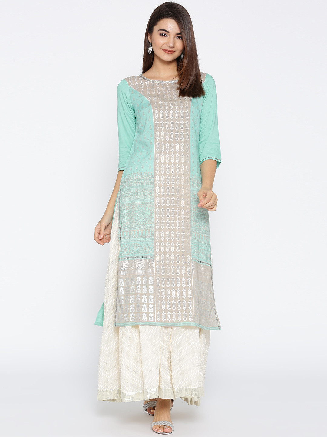 

AURELIA Women Blue & Grey Printed Straight Kurta