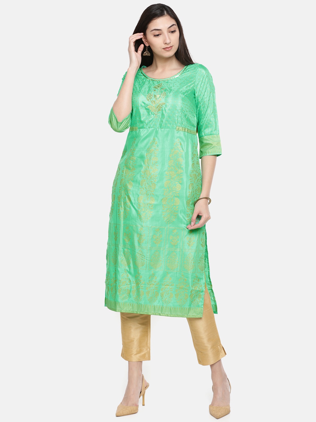 

AURELIA Women Green & Gold-Toned Printed Straight Kurta