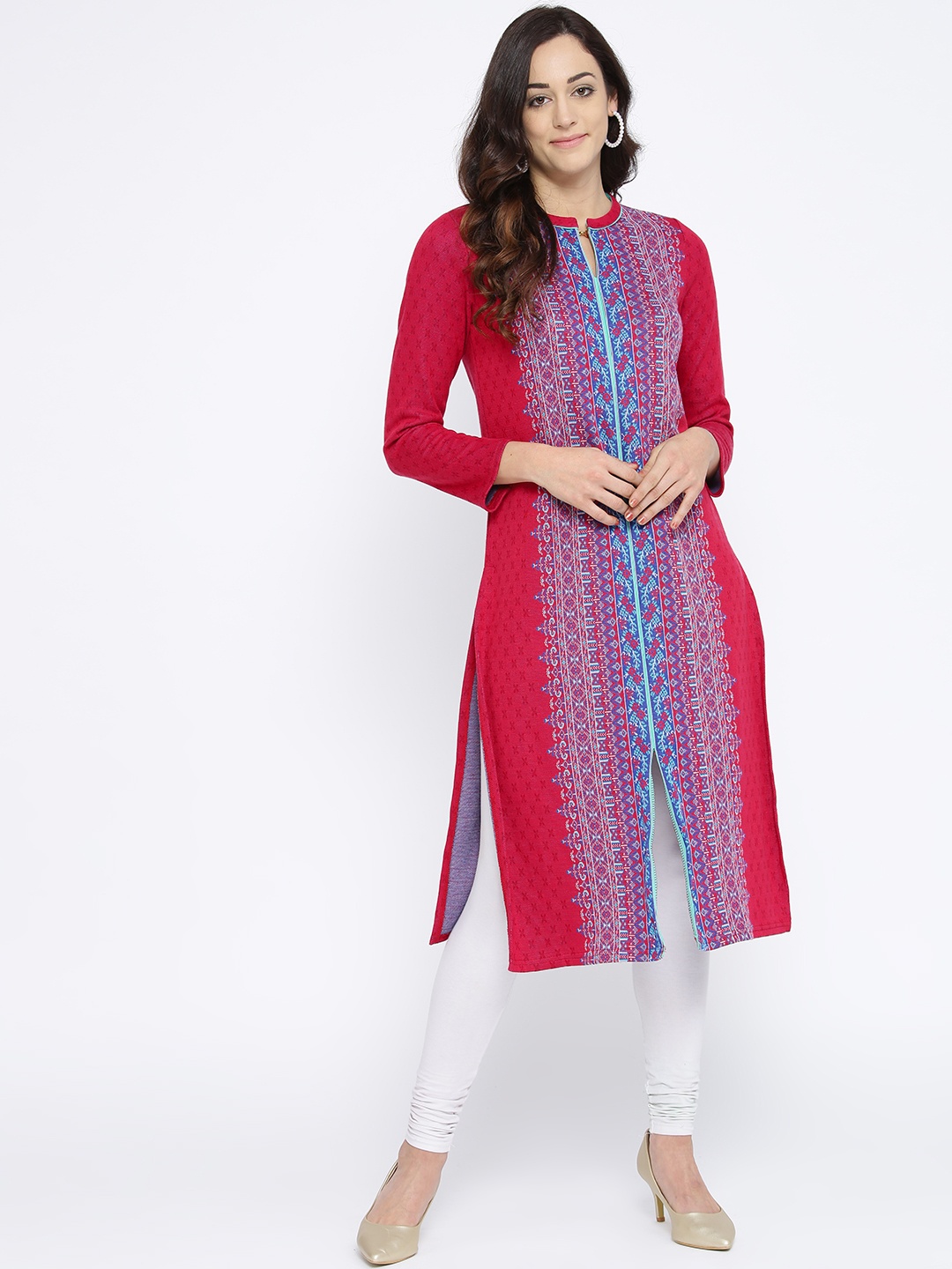 

AURELIA Women Magenta & Blue Woven Design Straight Winter Kurta