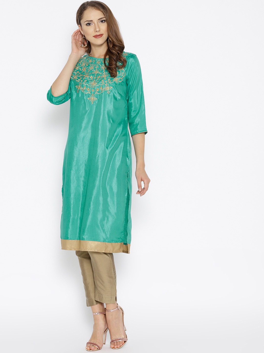 

AURELIA Women Green & Golden Yoke Design Straight Kurta