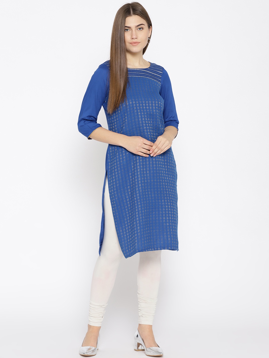 

AURELIA Women Blue Woven Design Straight Kurta