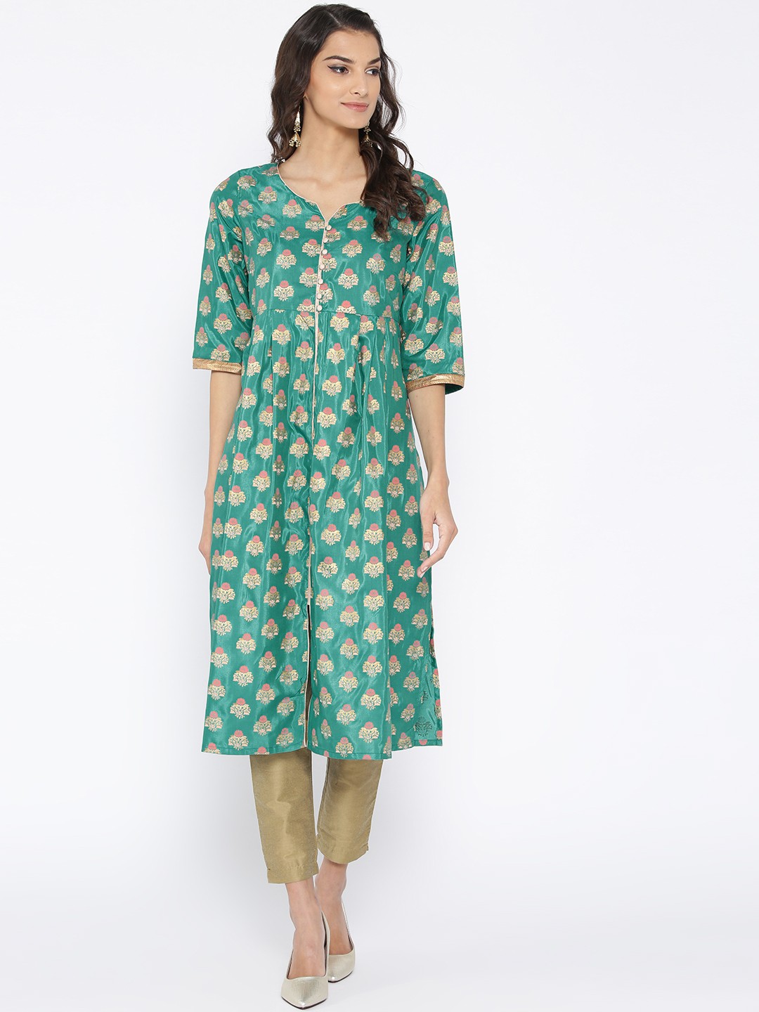 

AURELIA Women Green & Golden Printed A-Line Kurta