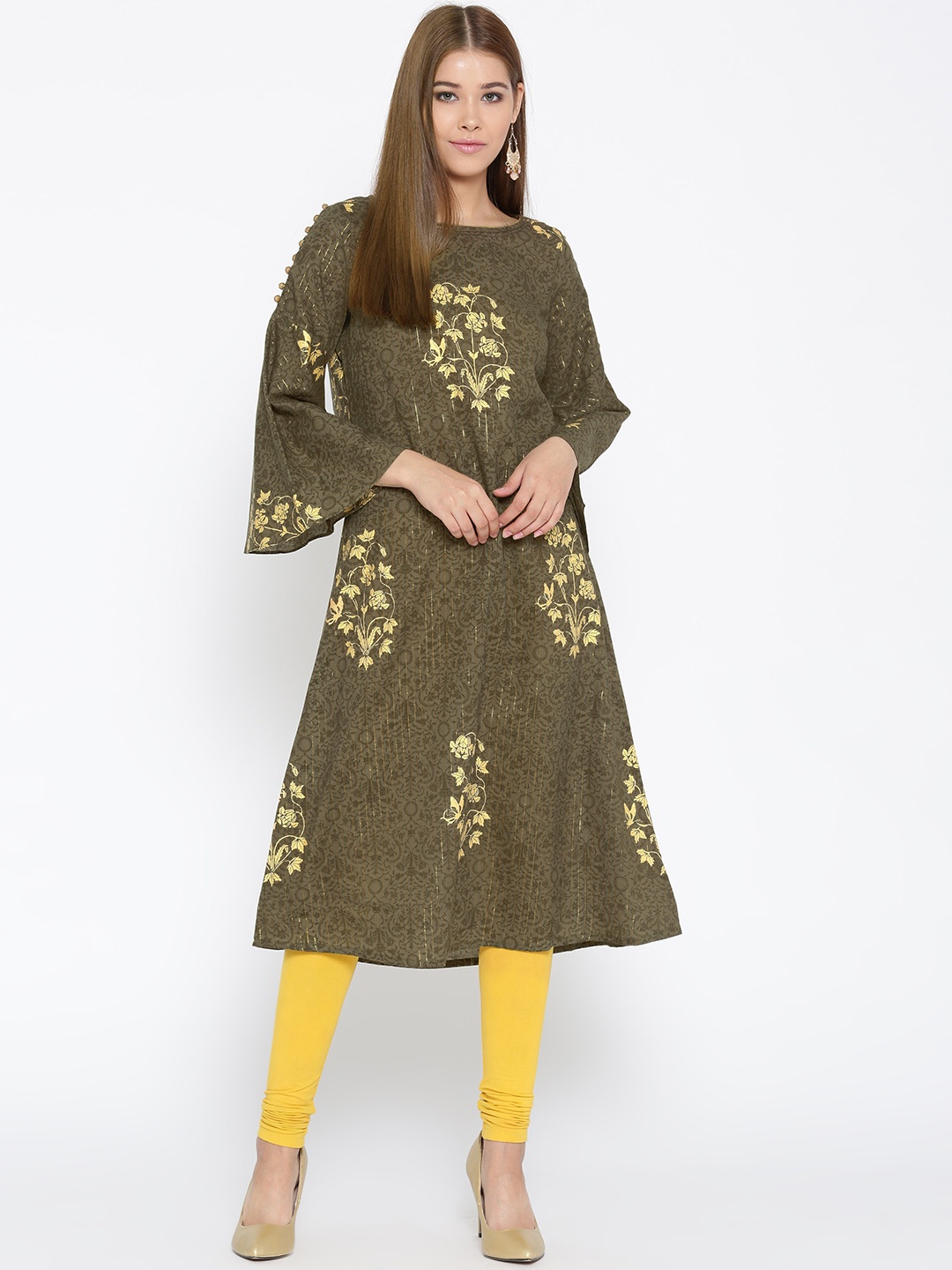 

AURELIA Women Olive Green & Golden Printed A-Line Kurta