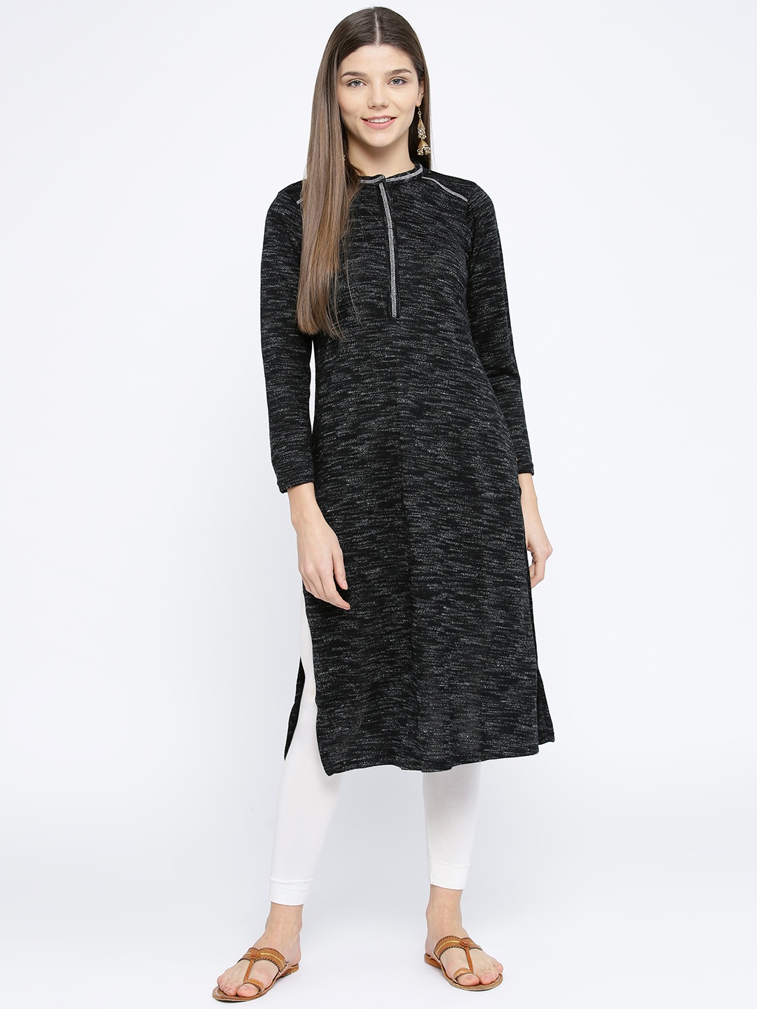 

AURELIA Women Charcoal Grey Woven Design Straight Winter Kurta