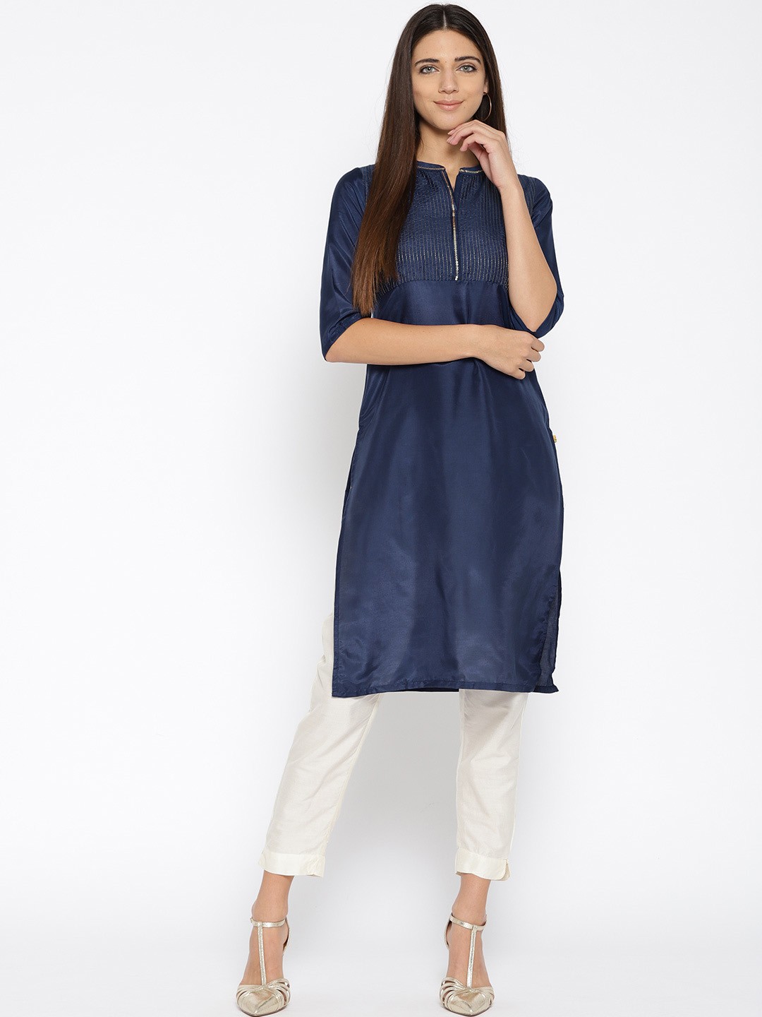 

AURELIA Women Navy Solid Straight Kurta, Navy blue