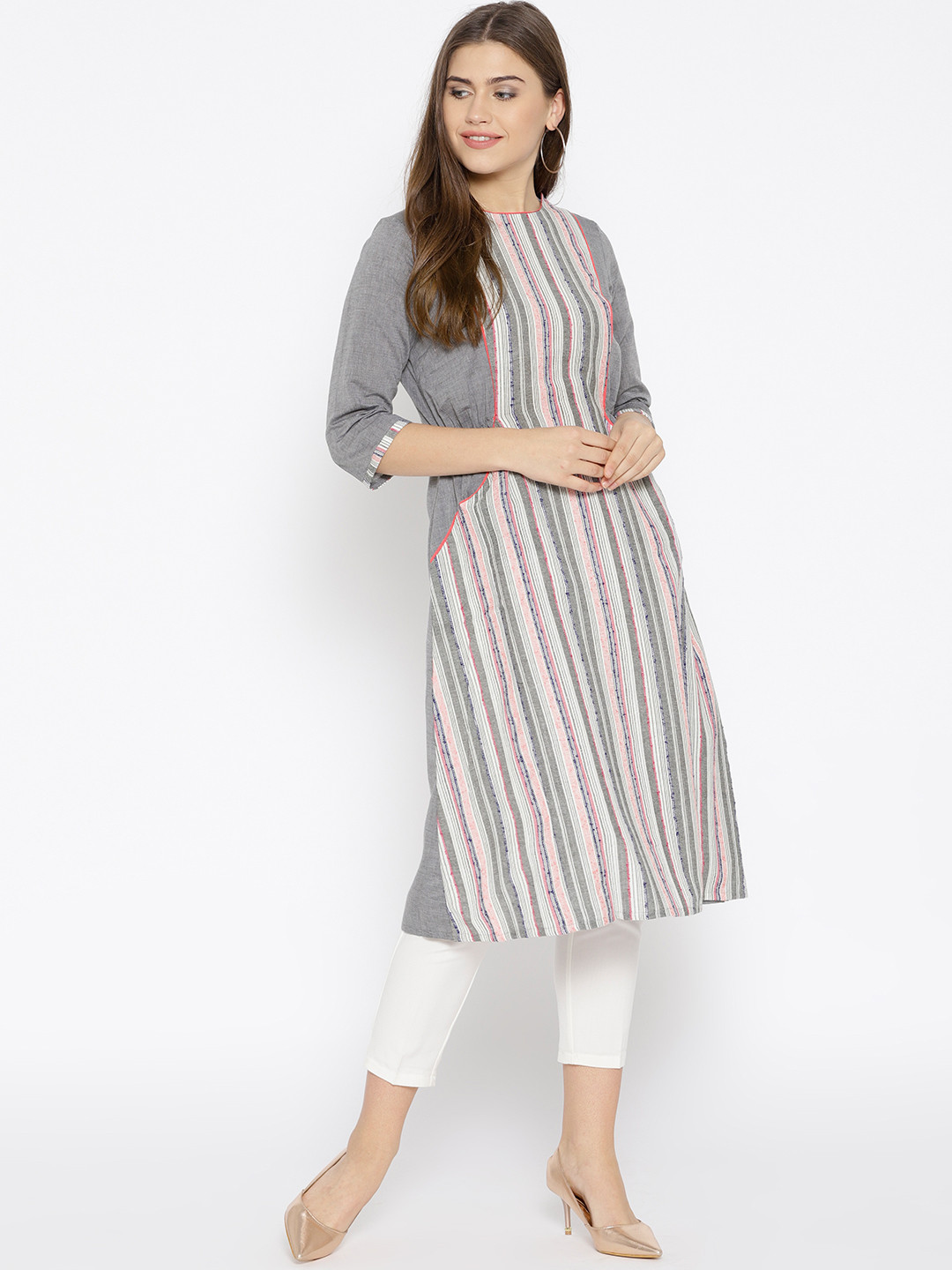 

AURELIA Women Grey & White Striped A-Line Kurta