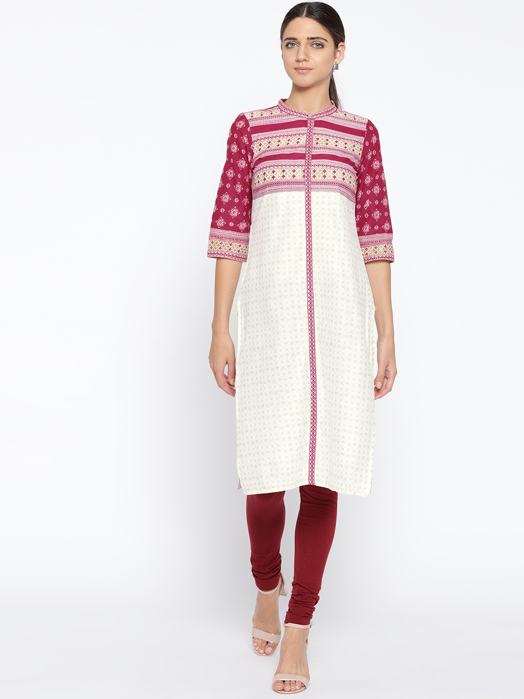 

AURELIA Women White & Maroon Printed Straight Kurta