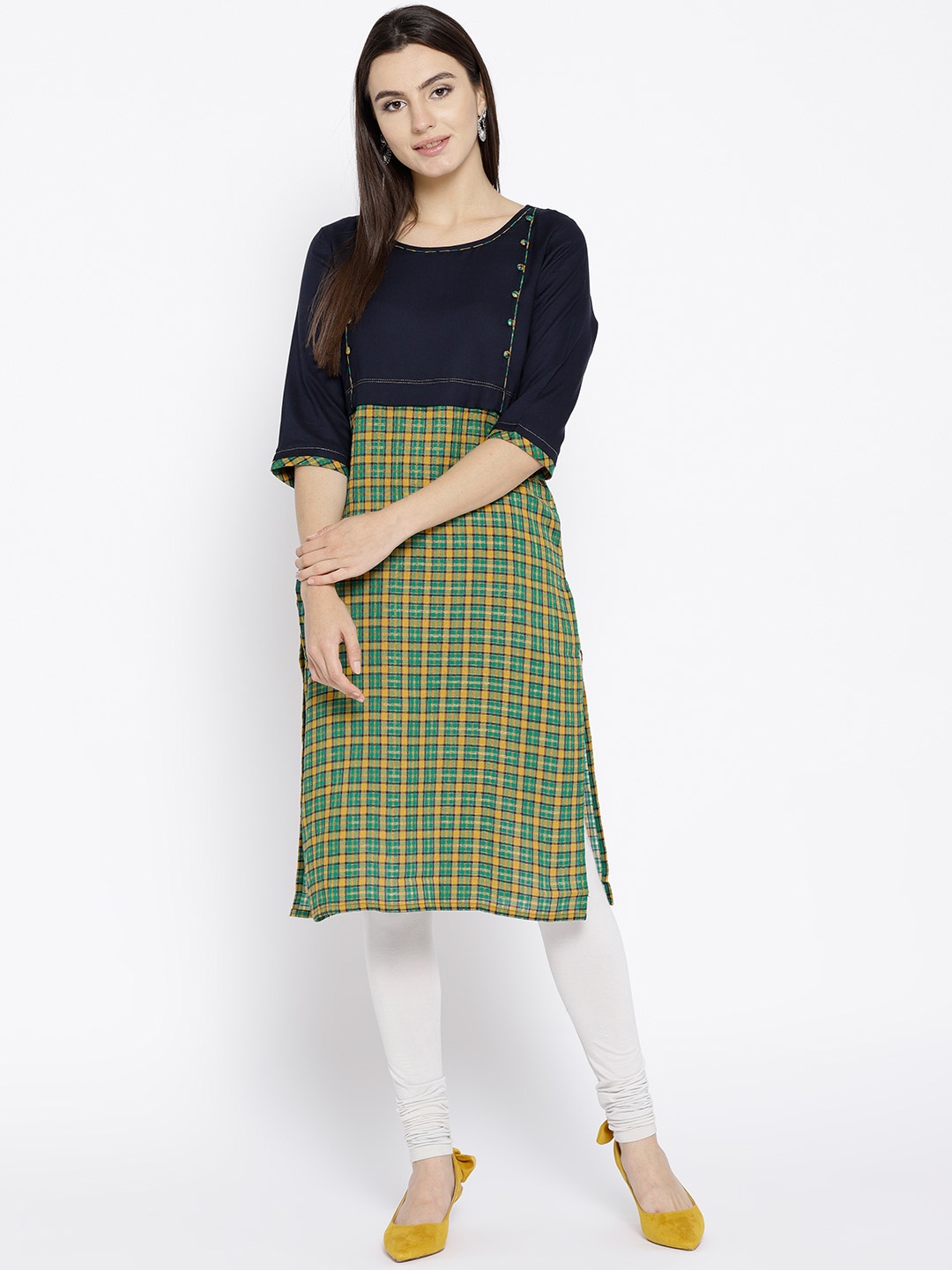 

AURELIA Women Navy Blue & Green Checked Straight Kurta