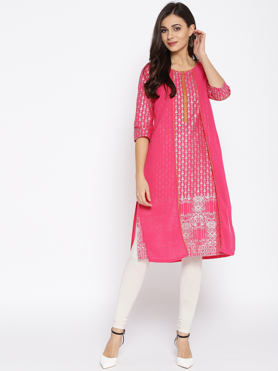 

AURELIA Women Pink & Silver Printed Layered Straight Kurta