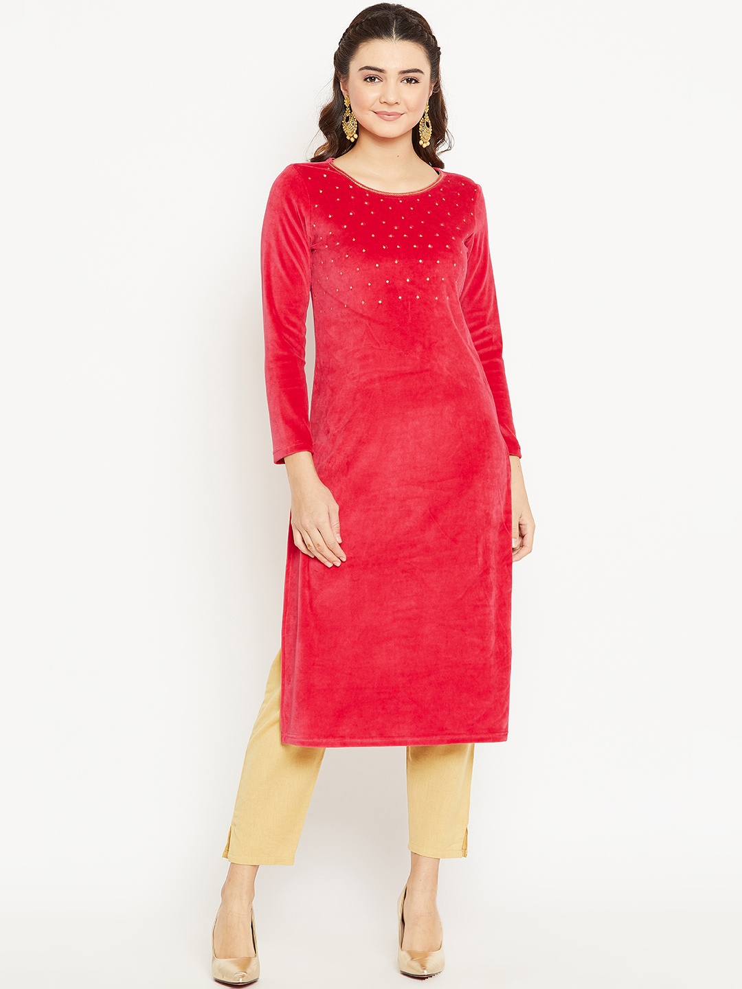 

AURELIA Women Pink Yoke Design Velvet Finish Straight Kurta