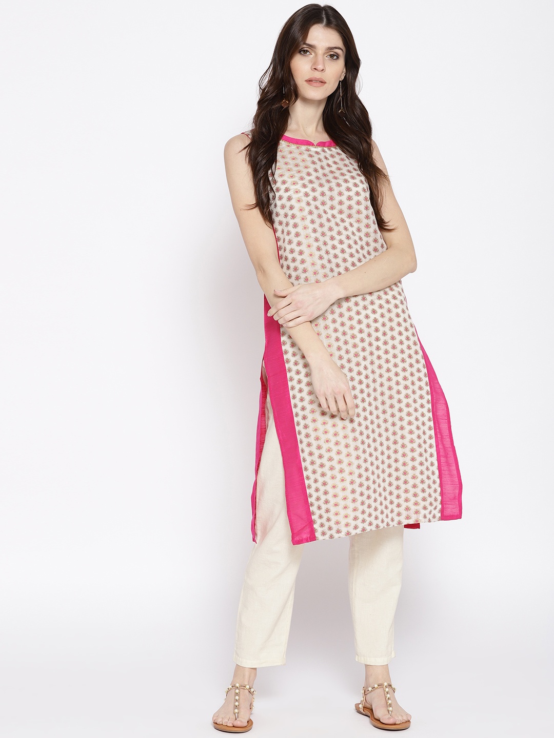 

AURELIA Women Pink & Off-White Woven Design Straight Kurta