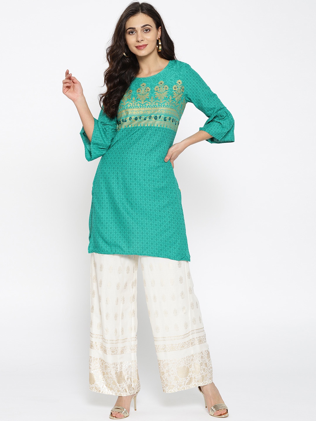 

AURELIA Women Green & Golden Printed Straight Kurta