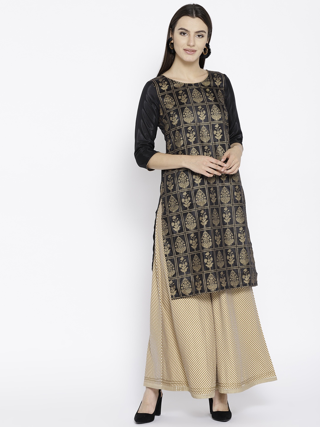 

AURELIA Women Black & Golden Printed Straight Kurta