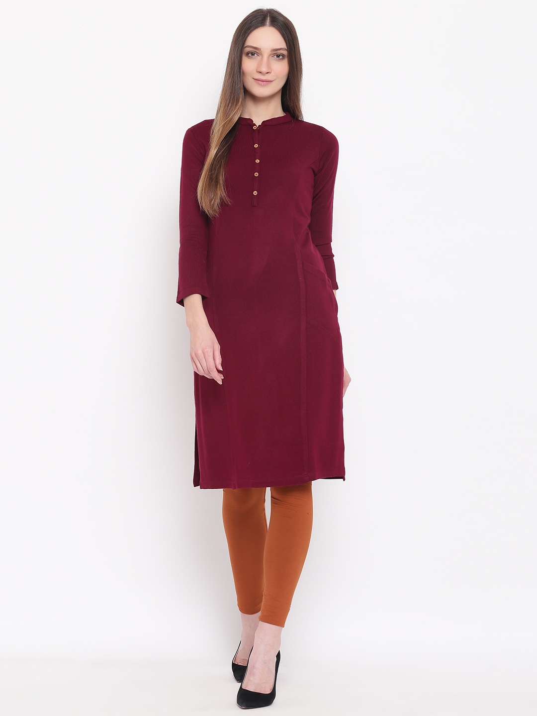 

AURELIA Women Maroon Solid Straight Winter Kurta