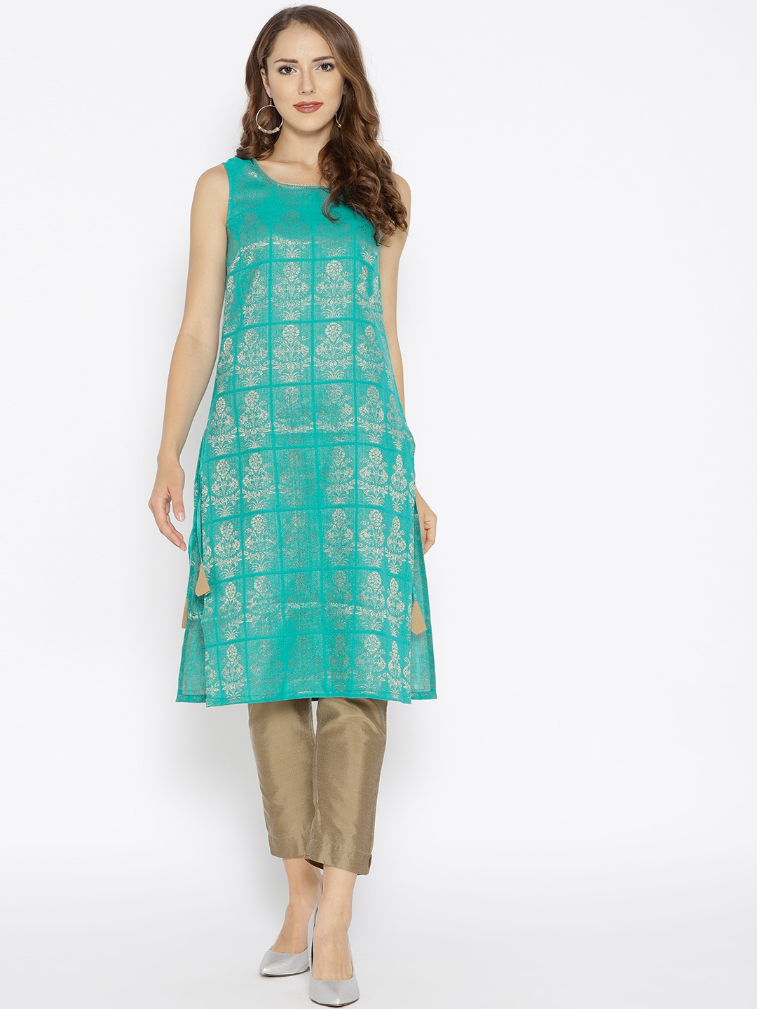 

AURELIA Women Green & Golden Woven Design Straight Kurta
