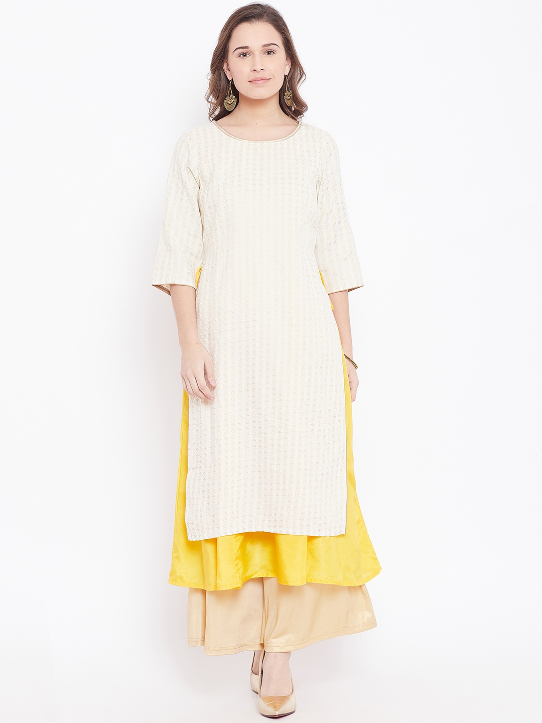 

AURELIA Women Cream-Coloured & Yellow Woven Design Layered A-Line Kurta