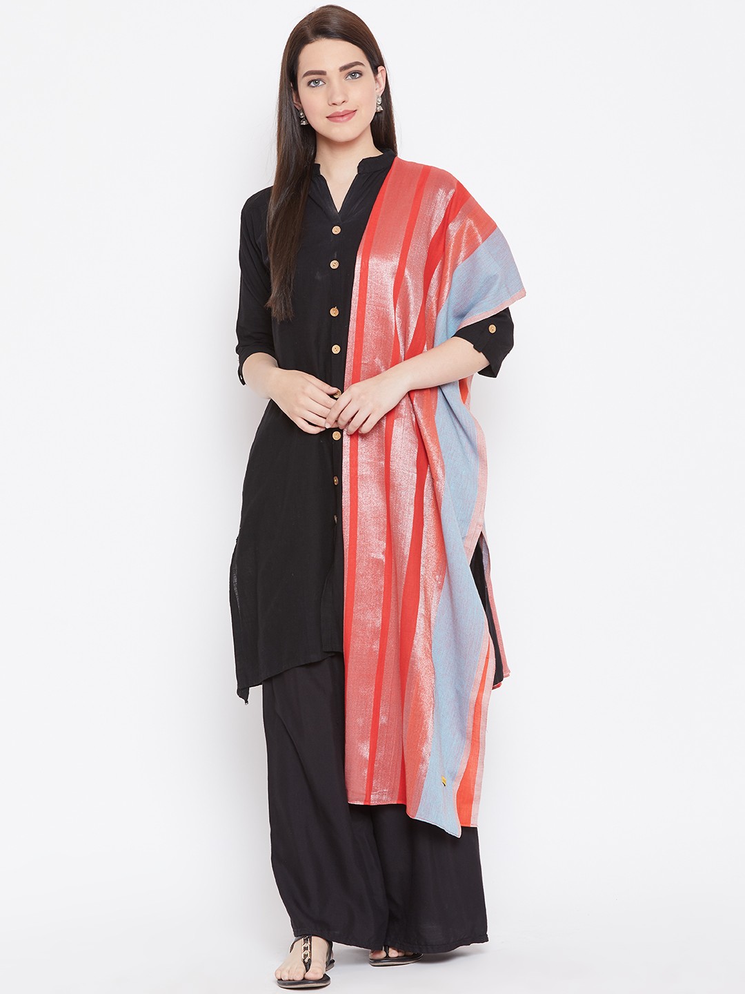 

AURELIA Red & Silver Striped Pure Cotton Dupatta