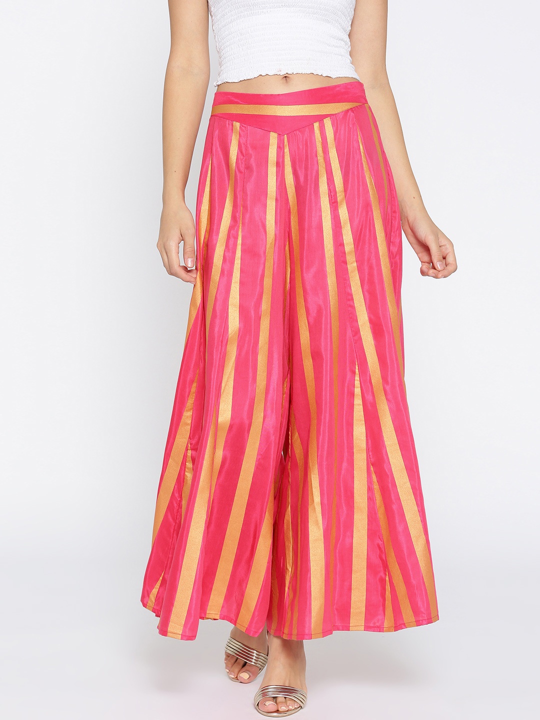 

AURELIA Women Pink & Golden Striped Flared Palazzos