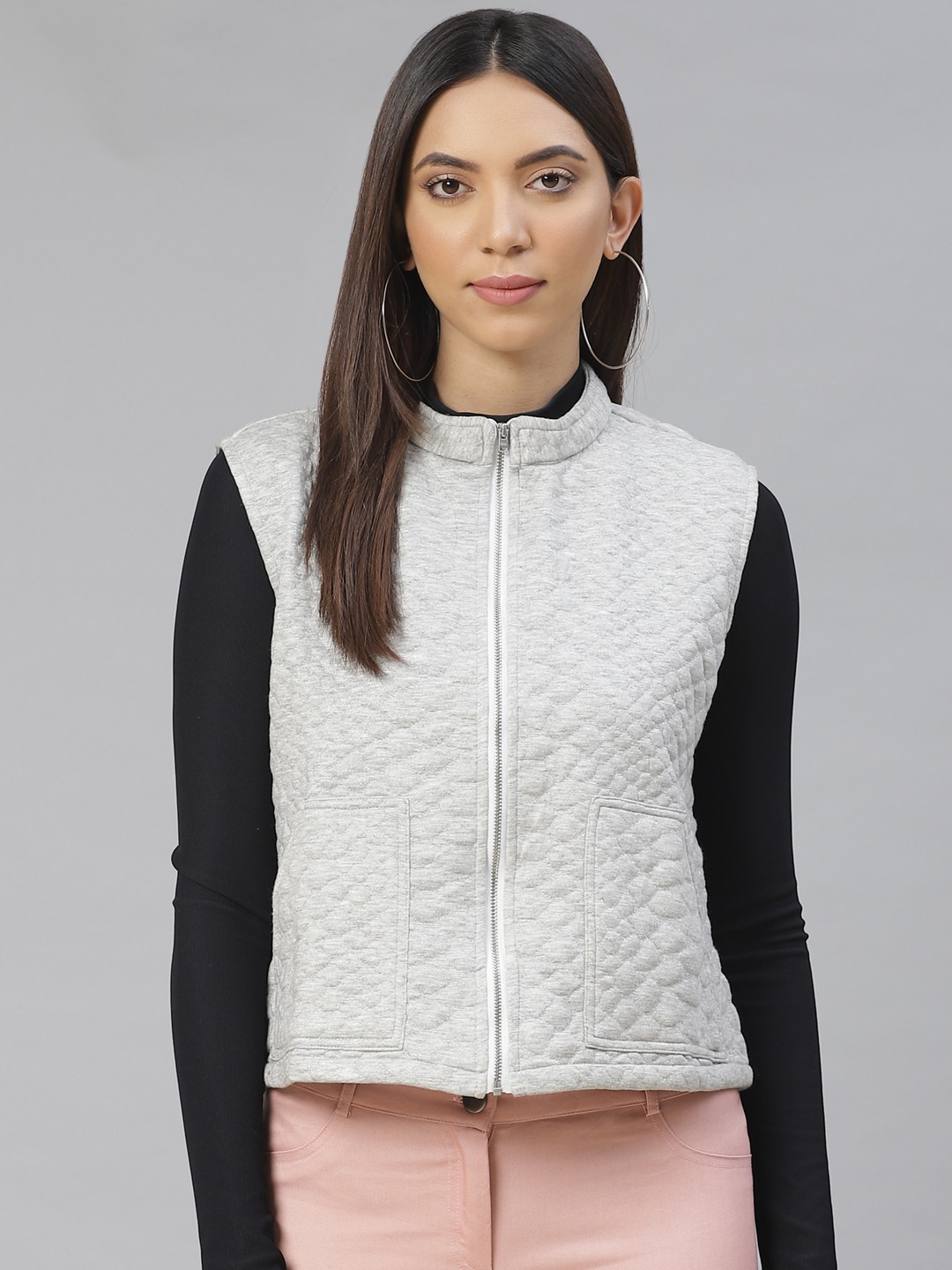 

AURELIA Women Grey Melange Solid Quilted Jacket