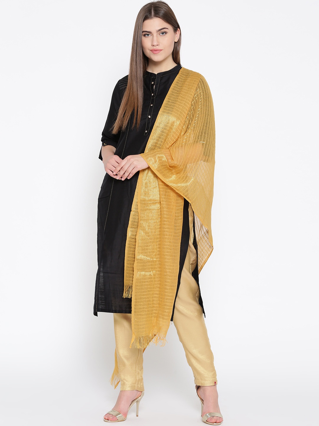 

AURELIA Mustard Yellow & Golden Checked Pure Cotton Dupatta