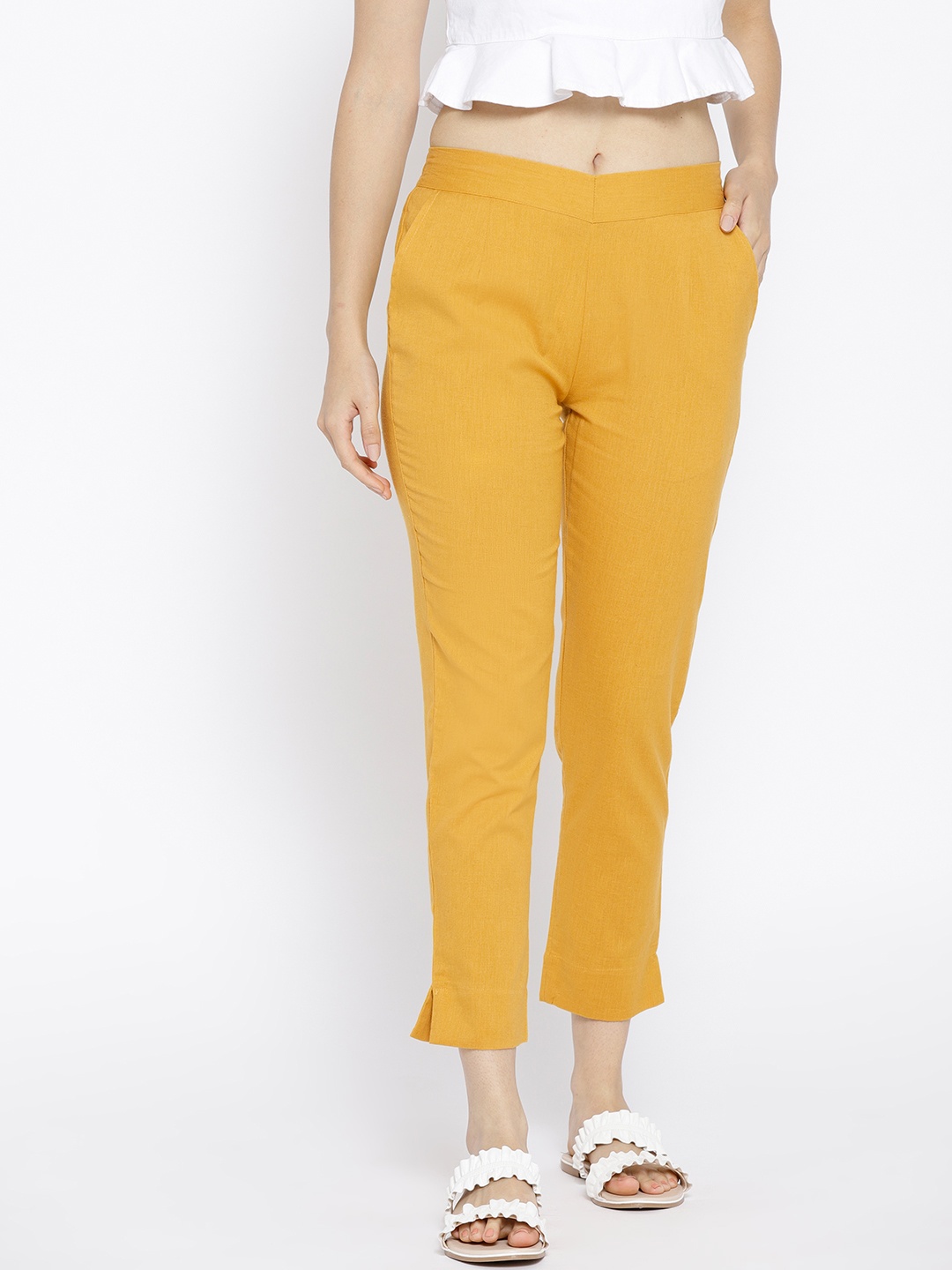 

AURELIA Women Mustard Yellow Regular Fit Solid Cropped Trousers