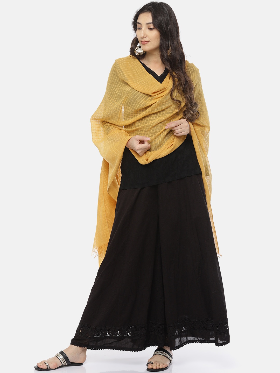 

AURELIA Mustard Yellow Checked Pure Cotton Dupatta