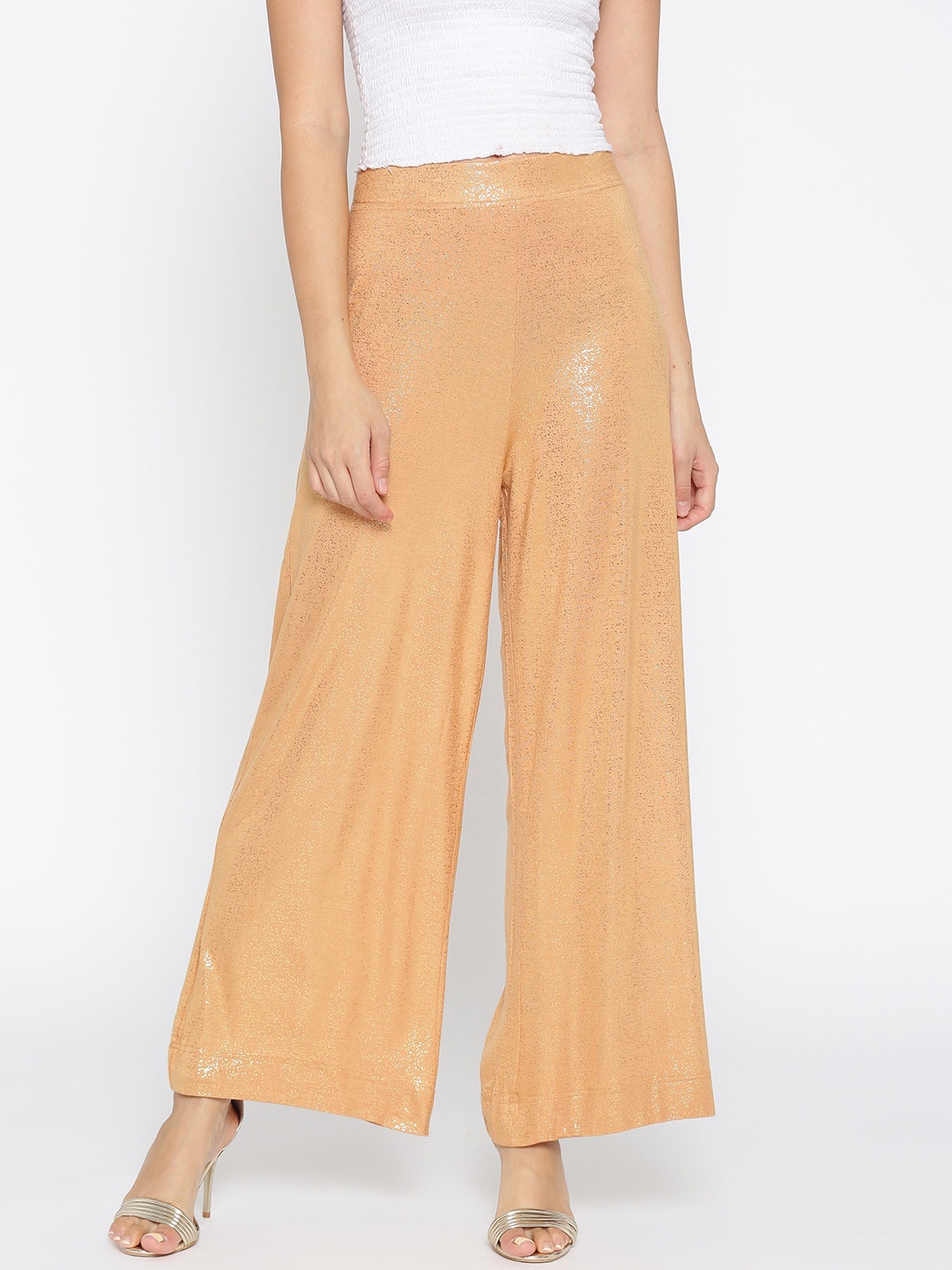 

AURELIA Women Beige & Golden Printed Wide Leg Palazzos