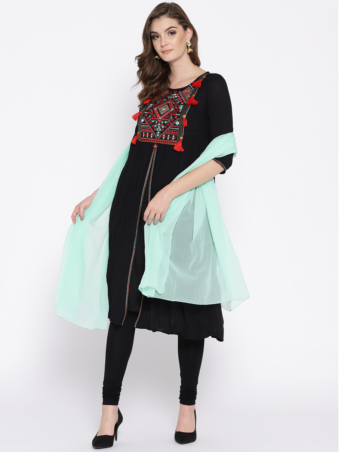

AURELIA Women Black & Sea Green Yoke Design Kurta with Churidar & Dupatta