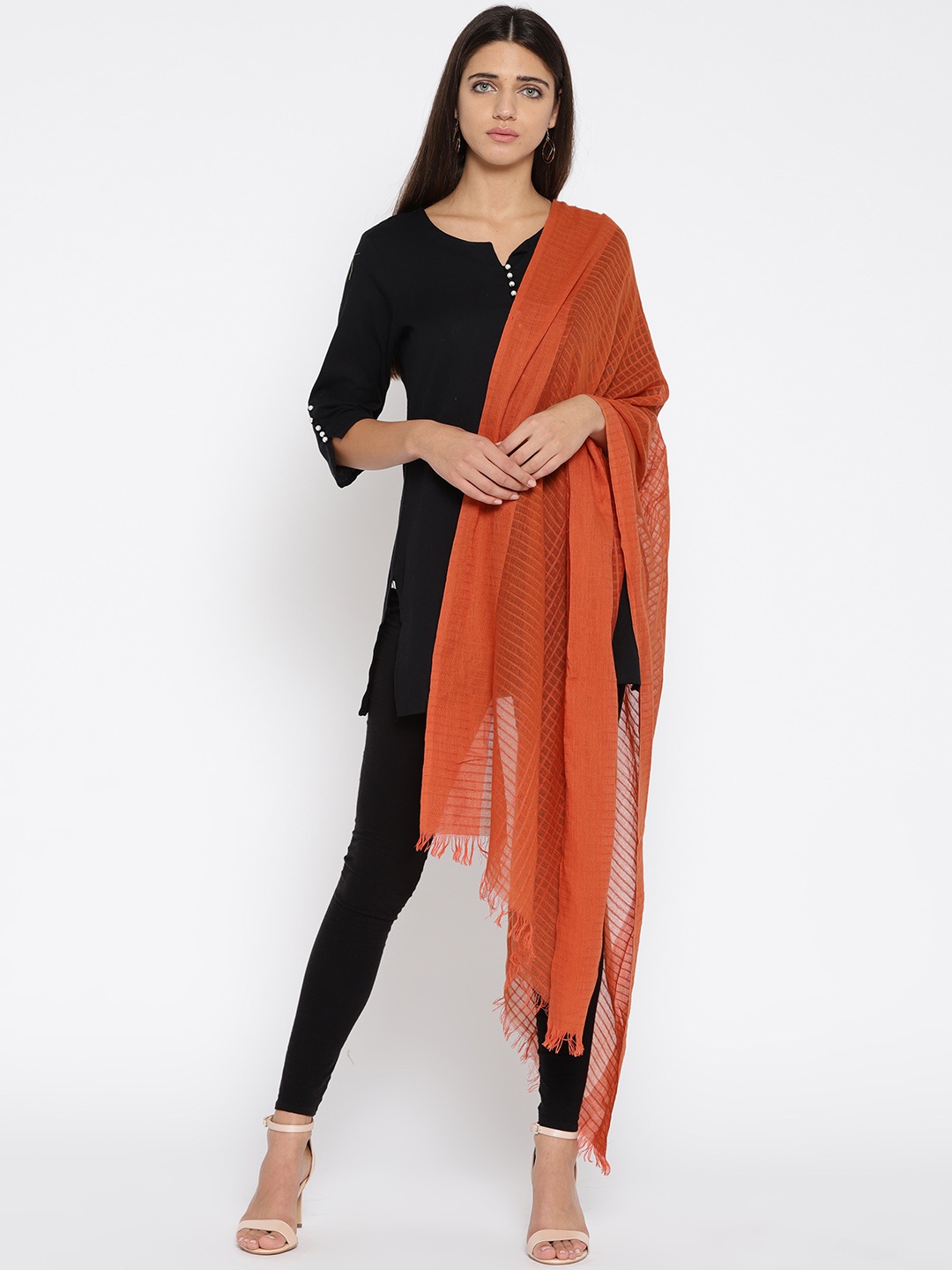

AURELIA Rust Orange Self-Checked Pure Cotton Dupatta