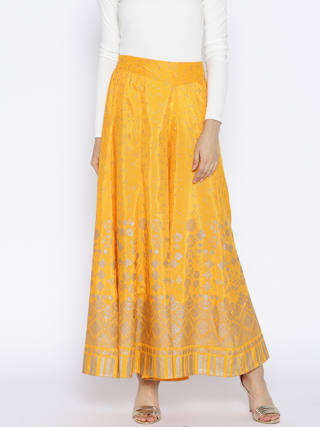 

AURELIA Women Mustard Yellow Printed Flared Palazzos