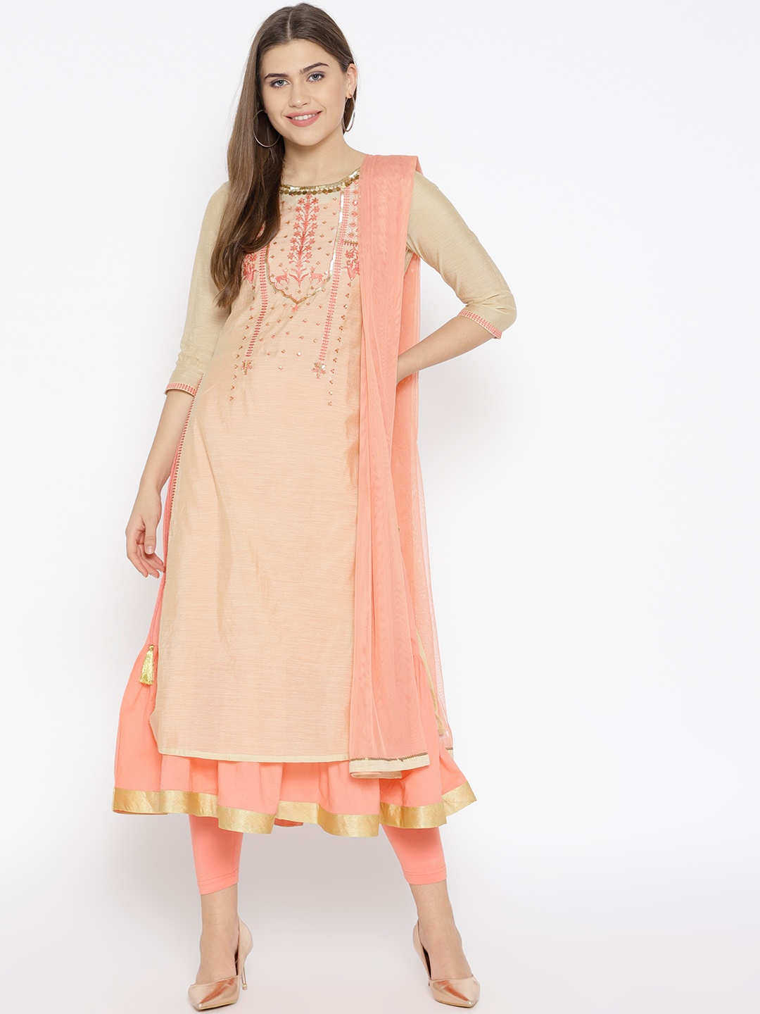 

AURELIA Women Beige & Peach-Coloured Yoke Design Kurta with Churidar & Dupatta