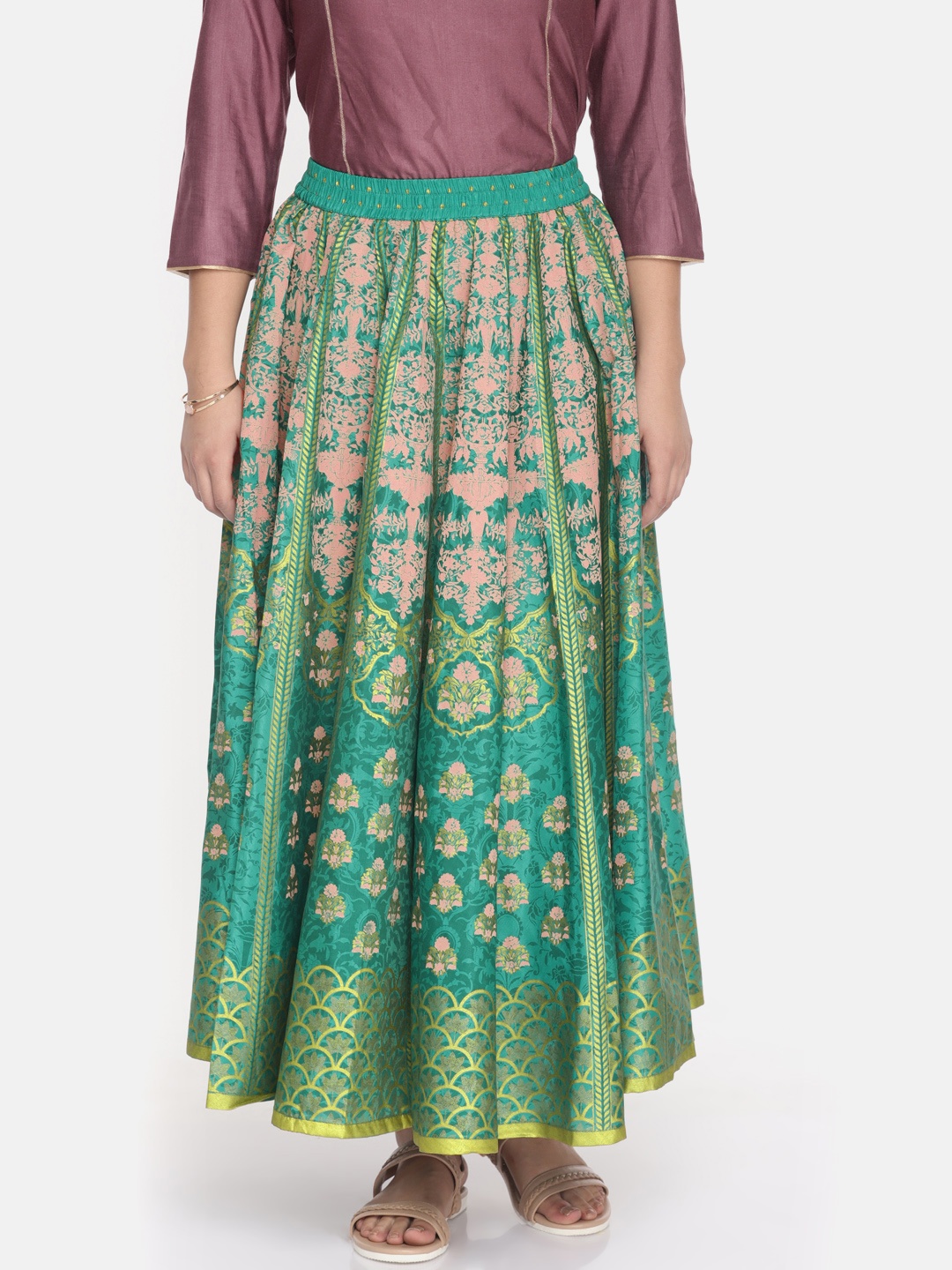 

Aurelia Green & Peach Floral Printed Maxi Ethnic Skirt
