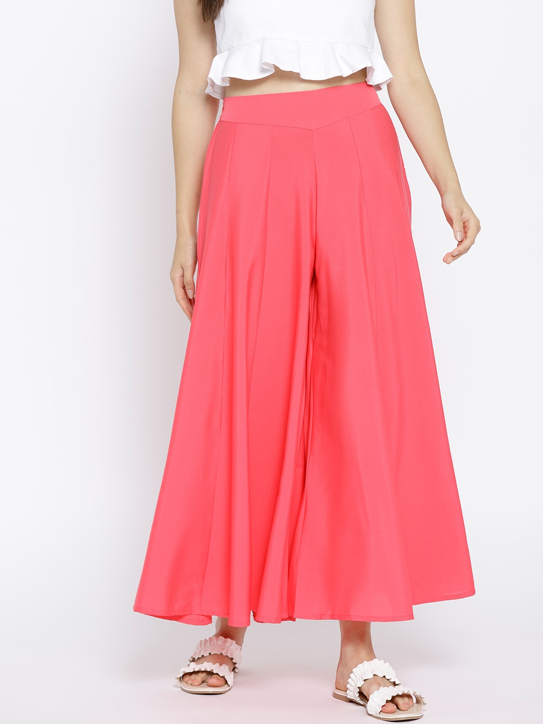 

AURELIA Women Coral Pink Solid Flared Palazzos