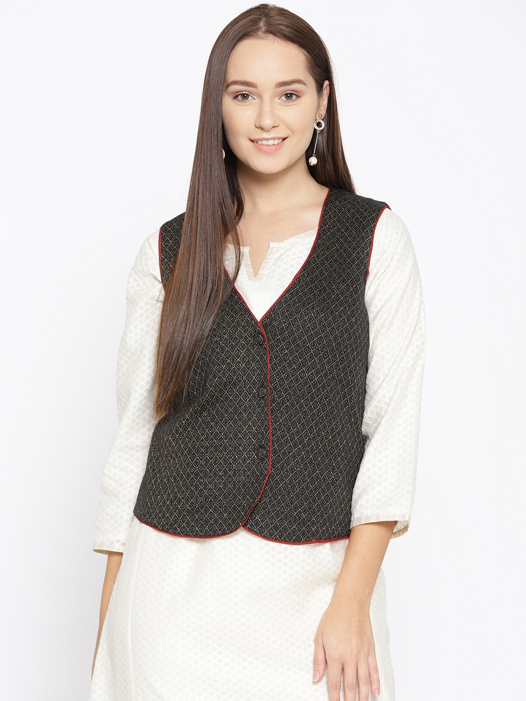 

AURELIA Women Black & Golden Self-Design Ethnic Jacket